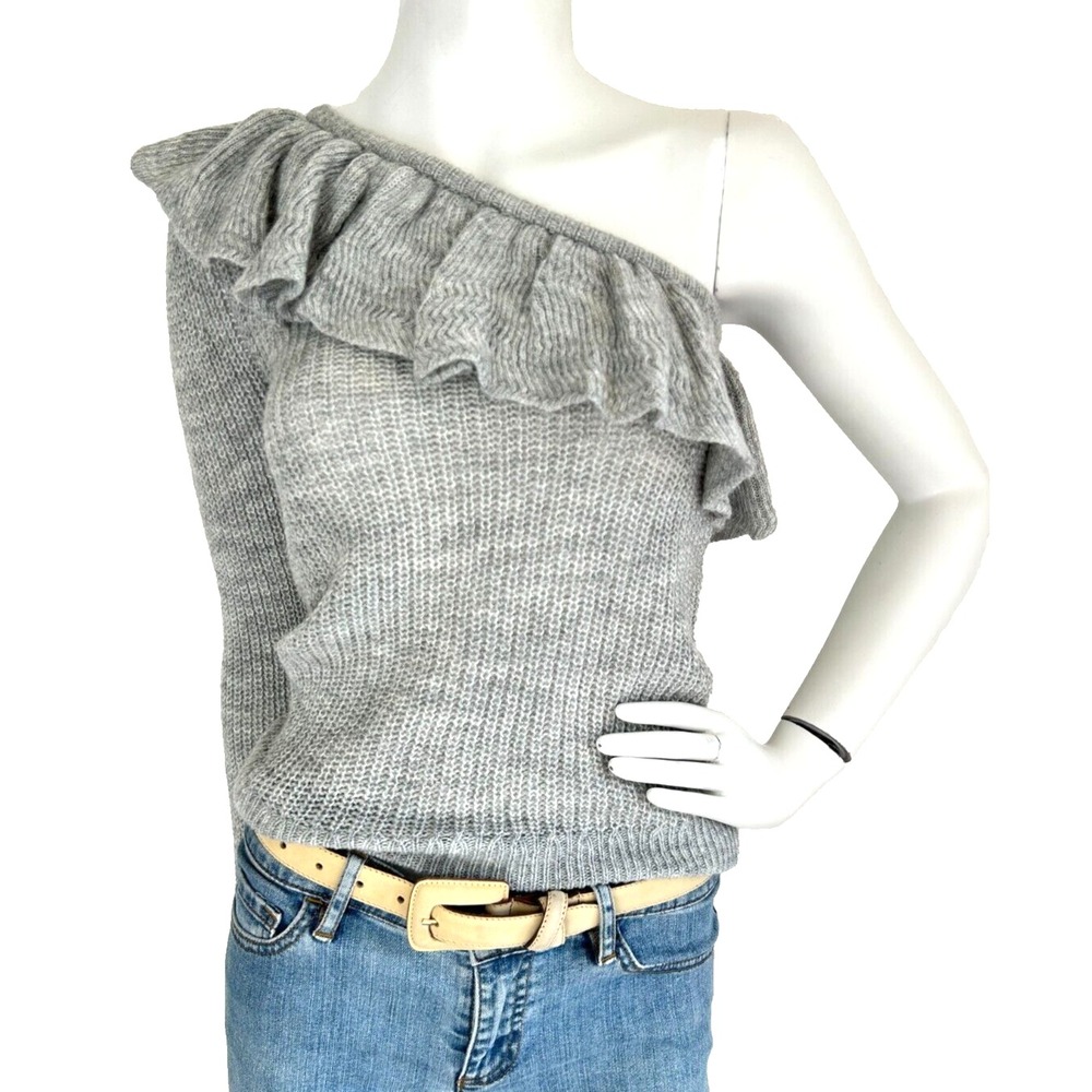 Rebecca Taylor One Shoulder Ruffle Alpaca Sweater Womens XS Grey Coquette NWT
